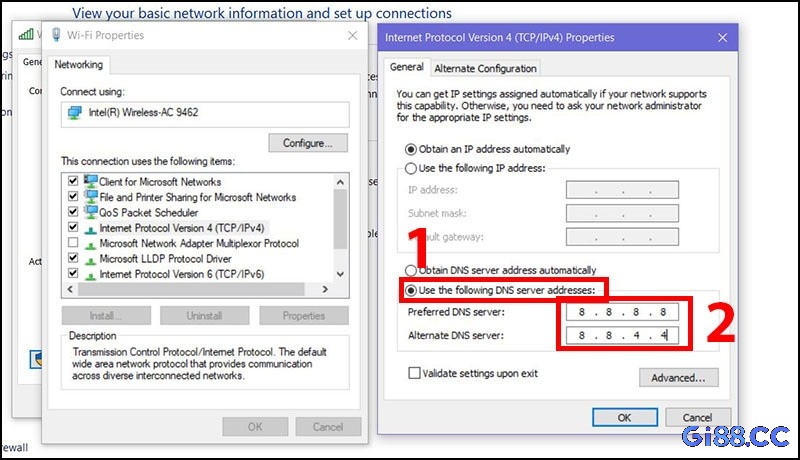 Thay đổi DNS: 8.8.8.8